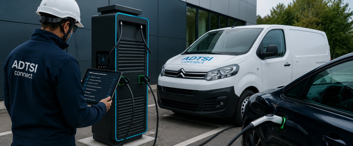 Technicien ADTSI CONNECT en maintenance sur une borne de recharge DC rapide