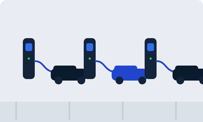 Illustration d'un parc de bornes de recharge avec véhicules branchés