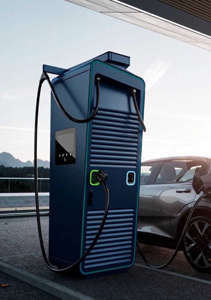 Borne de recharge DC haute puissance en extérieur avec véhicule en charge