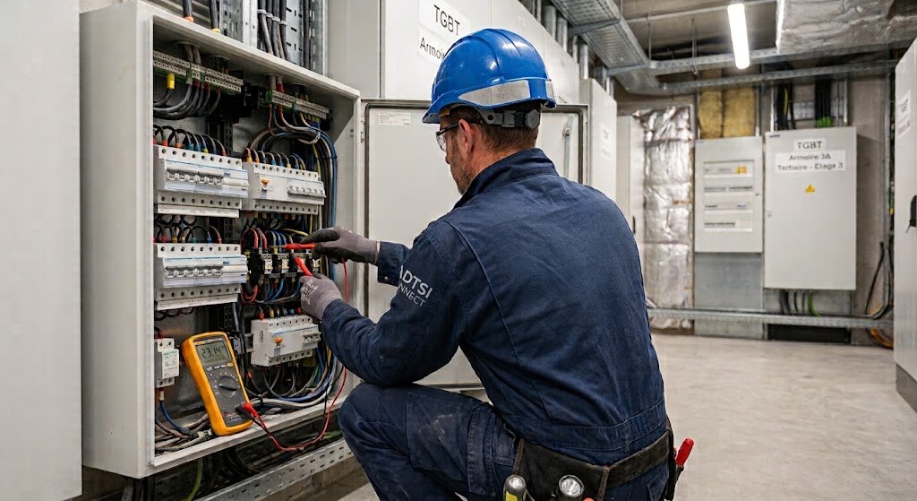 Technicien ADTSI CONNECT intervenant sur un tableau électrique TGBT